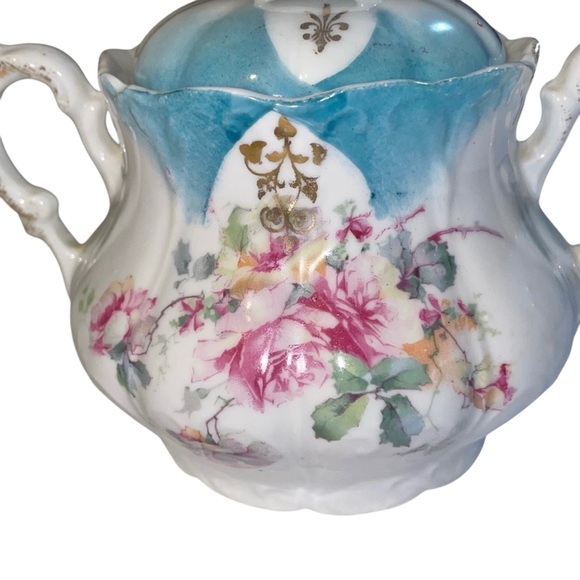 Antique Prussia Porcelain Double Handled Lidded Sugar Dish Pink Florals Elegant - Picture 2 of 9